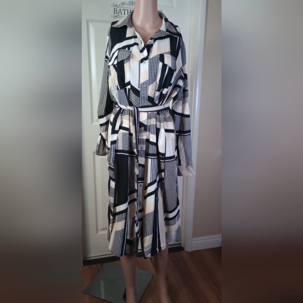NY Collection Long Sleeve Collard Geometric Fall Colors Sash Tie Midi Dress SZ L